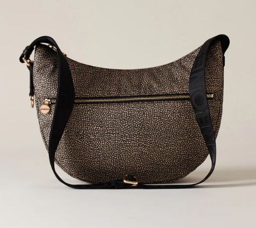 BORBONESE LUNA BAG MIDDLE Hobo di Tessuto Riciclato Op Natural/Black