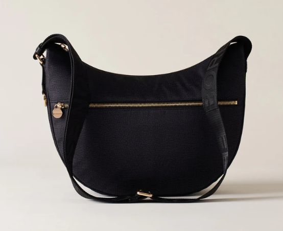 BORBONESE LUNA BAG MIDDLE Hobo di Tessuto Riciclato Op Black