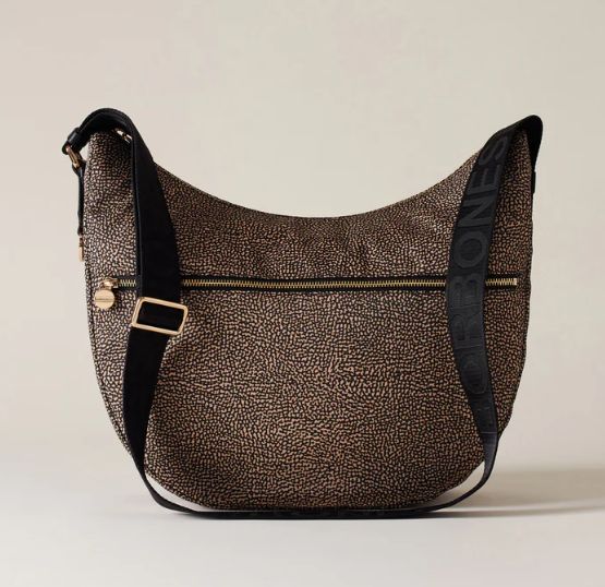 BORBONESE LUNA BAG MEDIUM Hobo di Tessuto Riciclato Op Natural/Black
