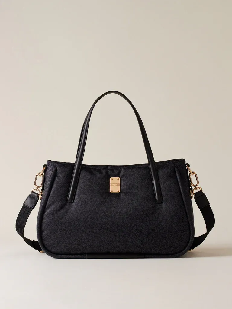 BORBONESE CAHIER SHOPPER MEDIUM Borsa a Mano di Tessuto Riciclato OP Dark Black BORBONESE CAHIER SHOPPER MEDIUM Borsa a Mano di Tessuto Riciclato OP Dark Black