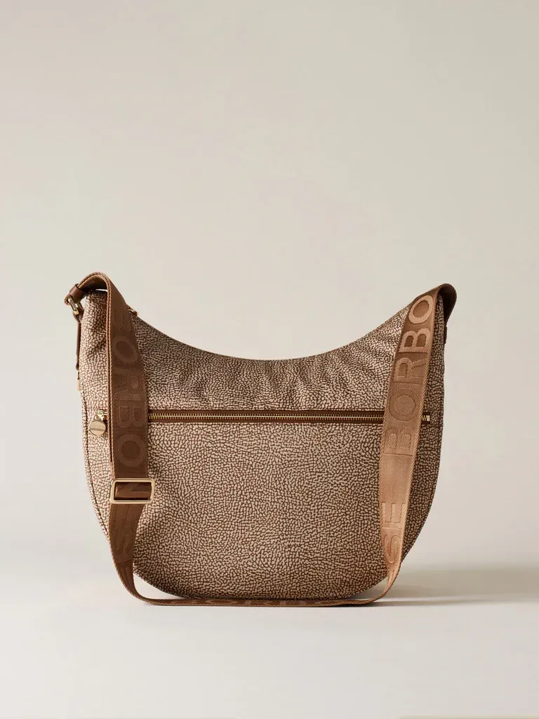 BORBONESE LUNA BAG MEDIUM Hobo di Tessuto Op Beige/Brown