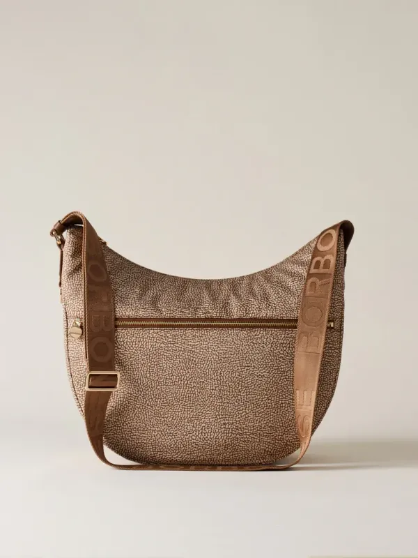BORBONESE LUNA BAG MEDIUM Hobo di Tessuto Op Beige/Brown BORBONESE LUNA BAG MEDIUM Hobo di Tessuto Op Beige/Brown