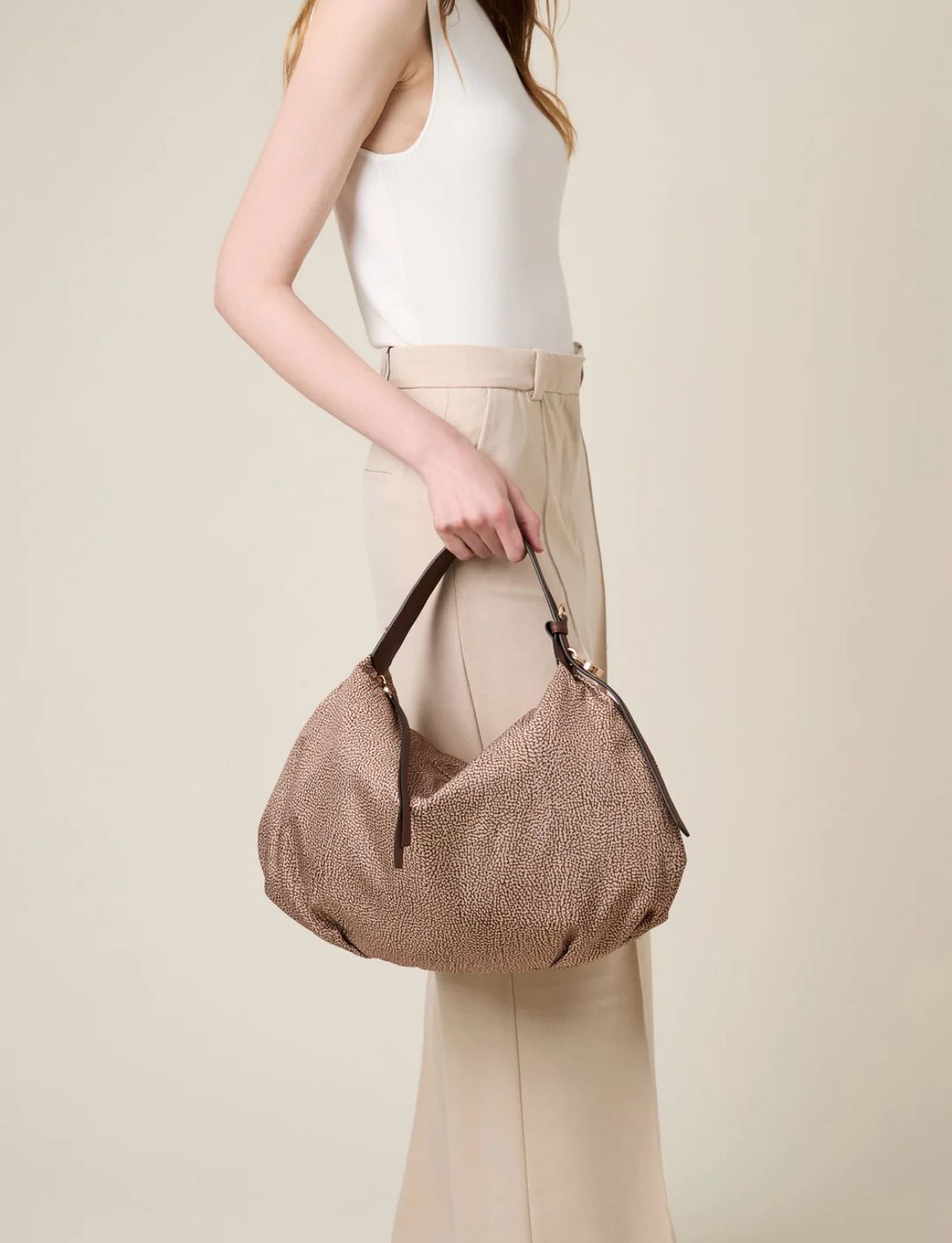 Borsa Hobo bag Borbonese Prive Medium Op Beige Brown