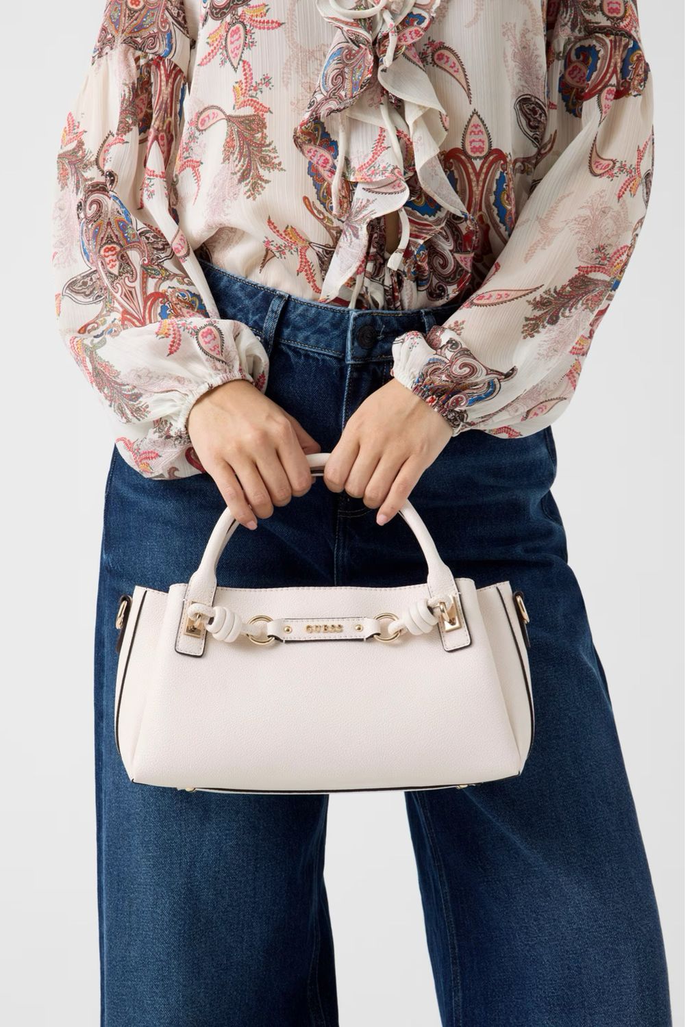 Borsa a mano GUESS Camelia 3 Comp Satchel Off White