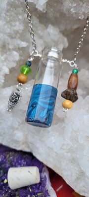 Vintage Vial Necklace featuring Upcycled Beads and Owl Charm, and Painted Glass Vial