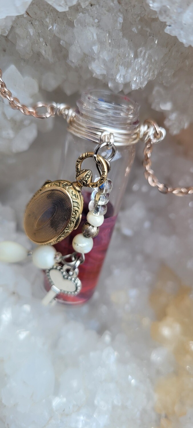 Vintage Vial Necklace featuring Vintage Locket, Skeleton Key Charm, Upcycled Beads, and Painted Vial