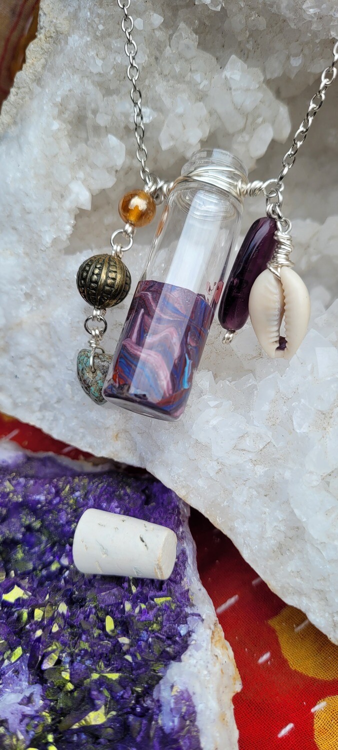 Vintage Vial Necklace featuring Cowrie Shell, Turquoise, Upcycled Beads and Charms, and a Painted Glass Vial