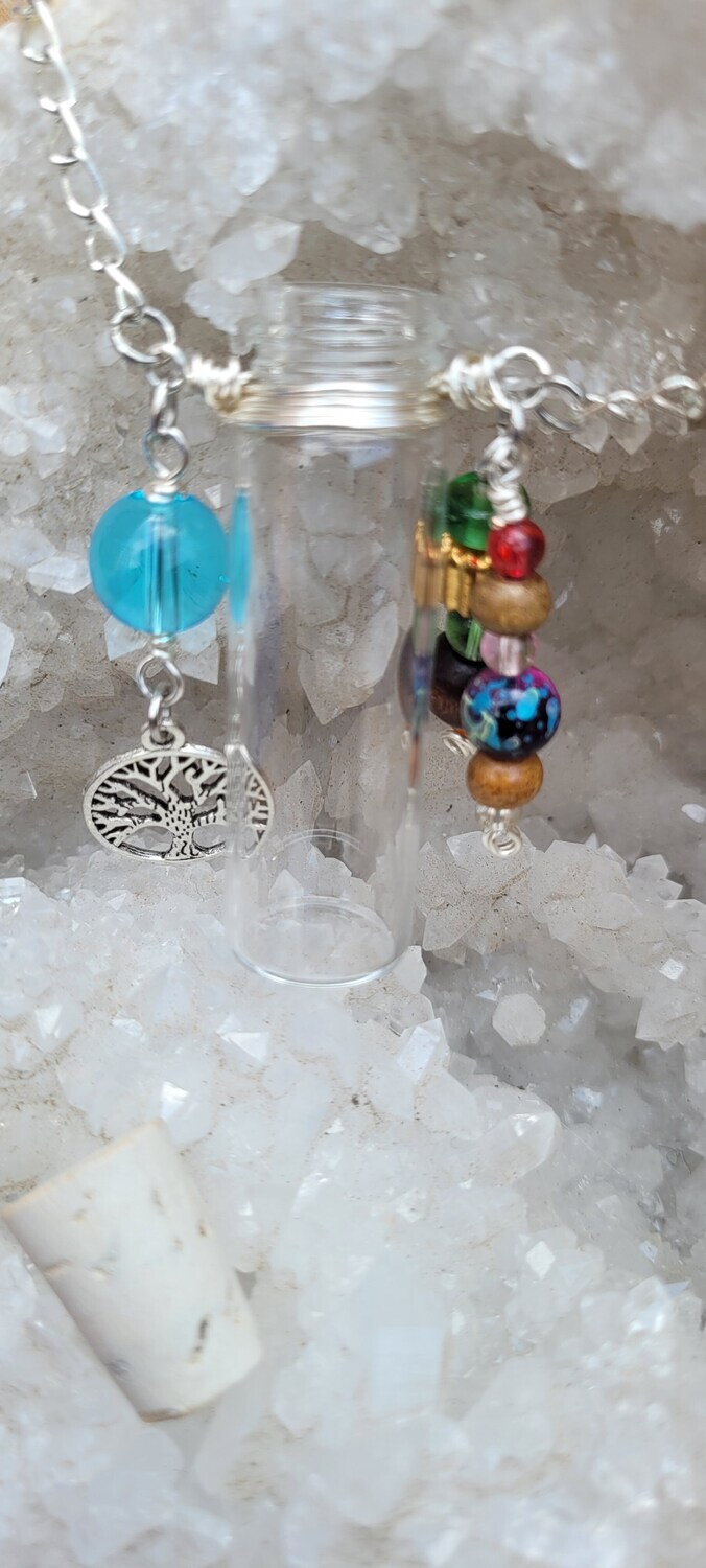 Vintage Vial Necklace featuring Upcycled Beads and Tree of Life Charm