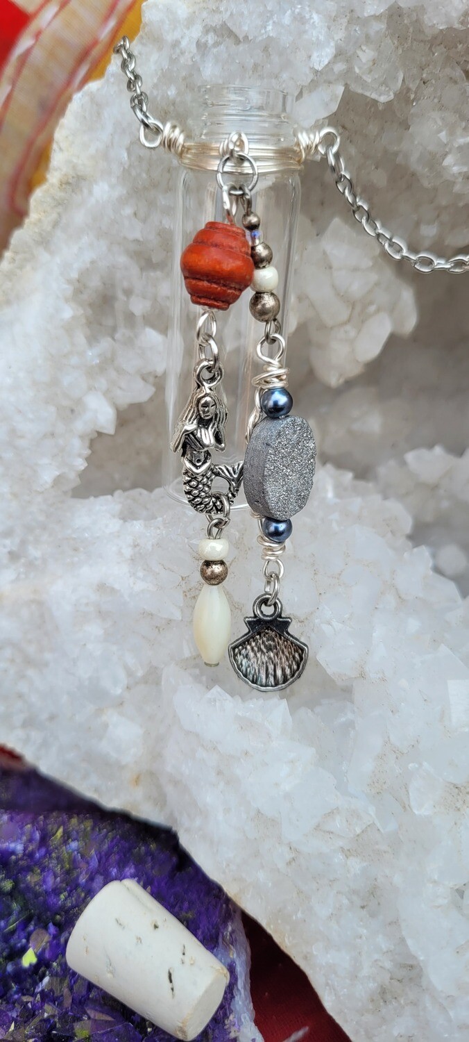 Vintage Vial Necklace featuring Upcycled Beads and Mermaid and Sea Shell Charms