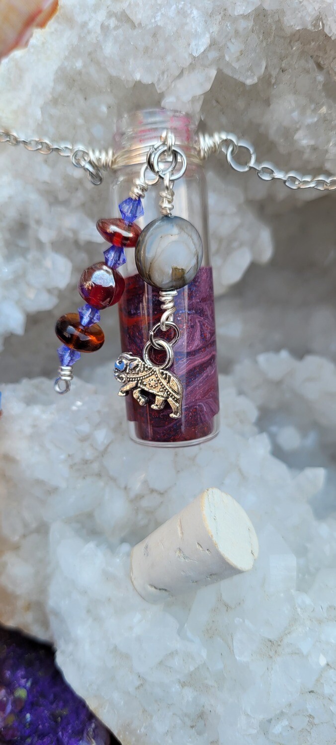 Vintage Vial Necklace featuring Upcycled Beads and Elephant Charms with Painted Glass Vial