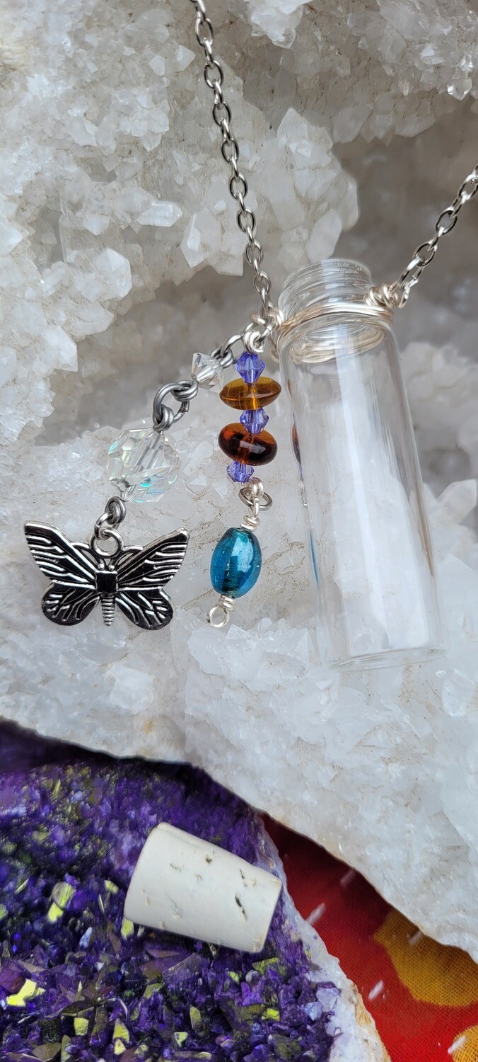 Vintage Vial Necklace featuring Upcycled Beads and Butterfly Charm