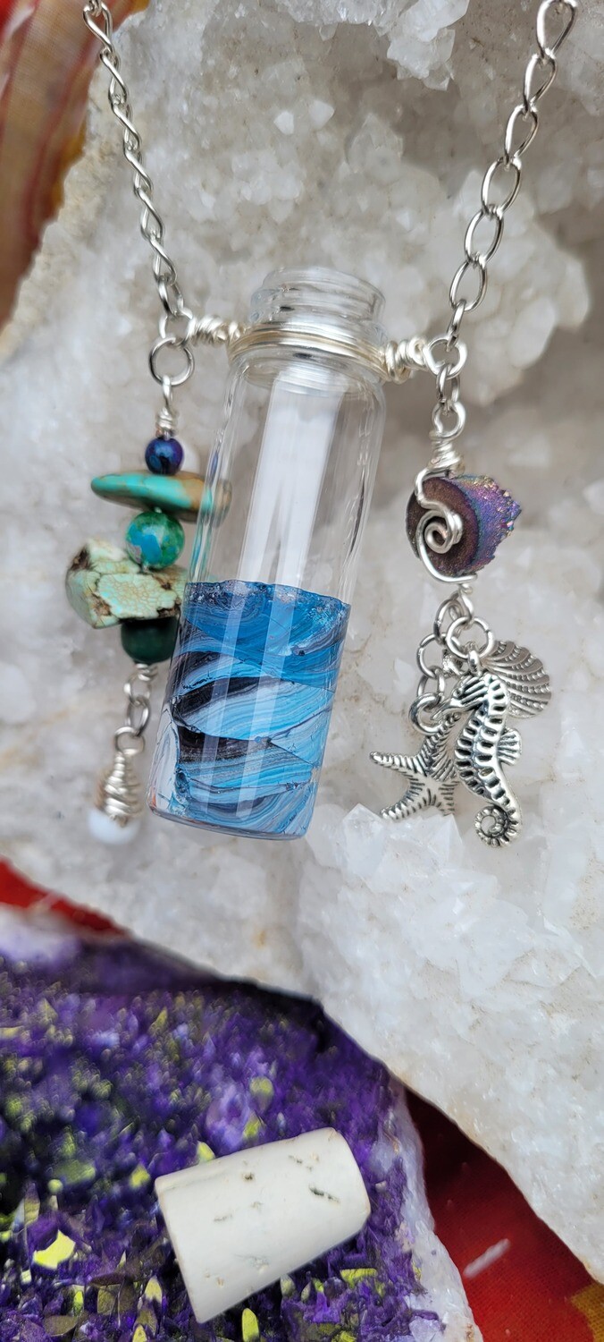 Vintage Vial Necklace featuring Turquoise, Upcycled Beads and Sea-Themed Charms, with a Painted Glass Vial