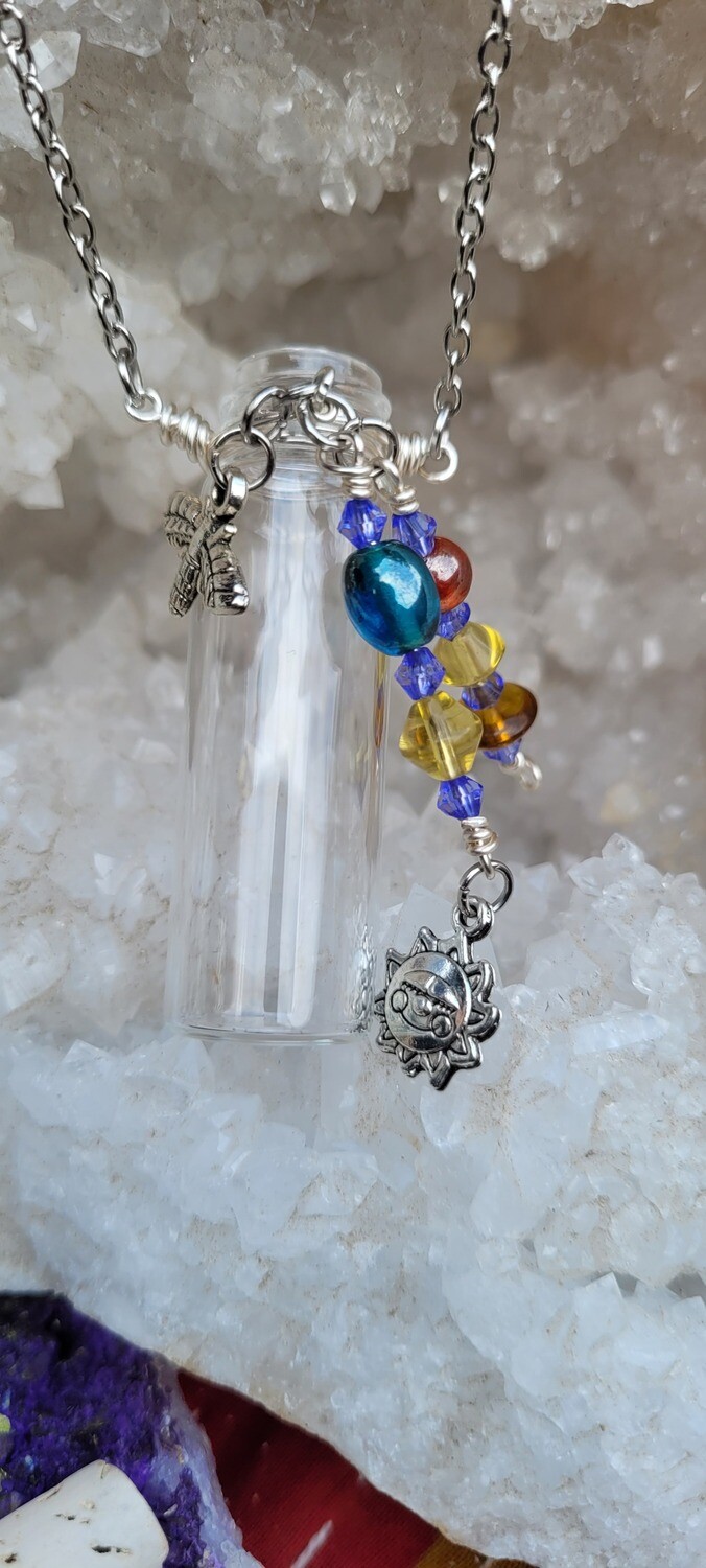Vintage Vial Necklace featuring Upcycled Beads and Bee and Sun Charms