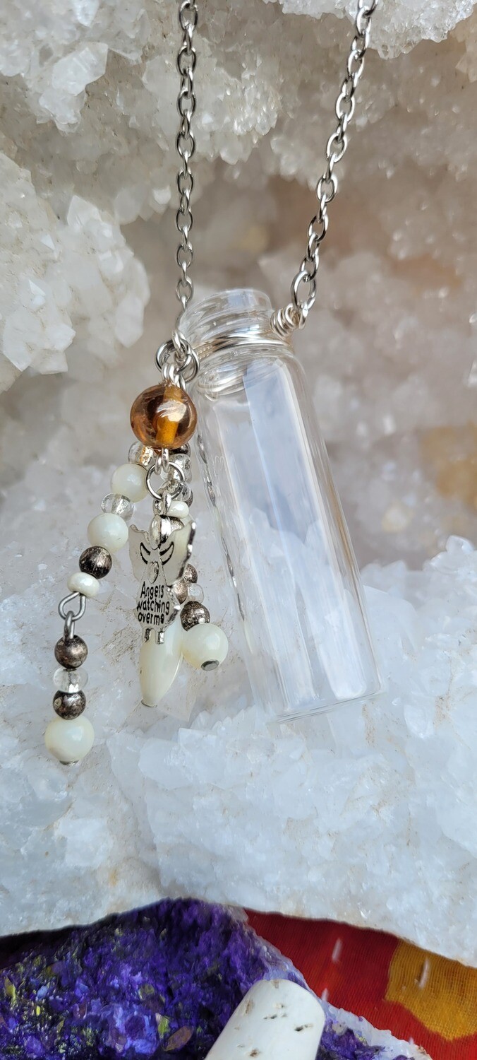 Vintage Vial Necklace featuring Upcycled Beads and an Angel Charm
