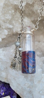 Vintage Vial Necklace featuring Upcycled Beads and Lock and Skeleton Key Charms, with a Painted Vial