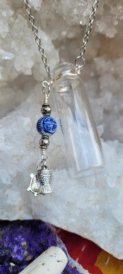 Vintage Vial Necklace featuring Upcycled Asian Prosperity Bead and Fish and Turtle Charms