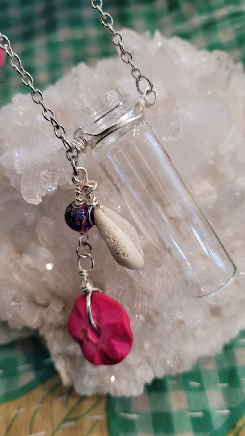 Vintage Vial Necklace featuring Cowrie Shell, Upcycled Beads and Charms