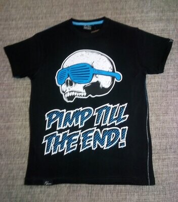 T-Shirt - XL - Un Crâne  Blanc Porte une Paire de Lunette Bleu avec Logo en Bleu "Pimp Till The End".
