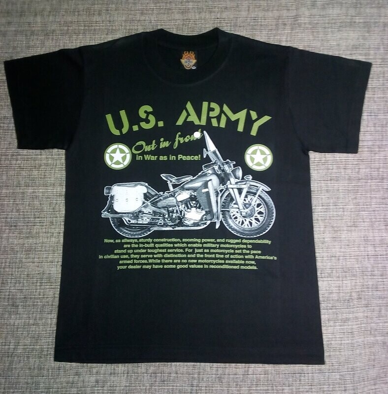 T-SHIRT - S -  U.S. Army "Moto Out in Front in War as in Peace "Écriture en Vert Militaire & Moto en Gris/Blanc