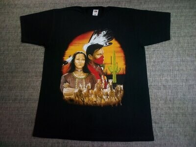 T-SHIRT - XL - Portrait  d'une Indienne et d'un Indien & 7 Chevaux  Blanc qui sont aux galops