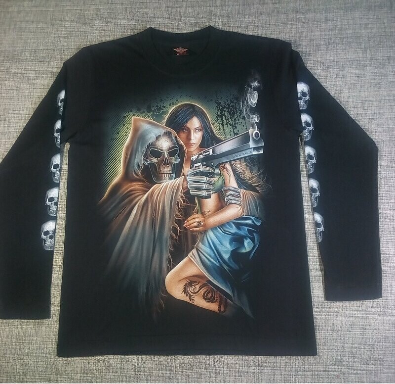 T-Shirt - M - Faucheur Capuche Marron avec sa Girl dans son bras et point son Revolver pour vous dire " Ne Bouge Pas"