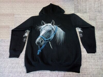 Un Sweat "Noir" de Taille 46/48, Représente "Portrait d'un Cheval avec son Licol Bleu Lumineux".