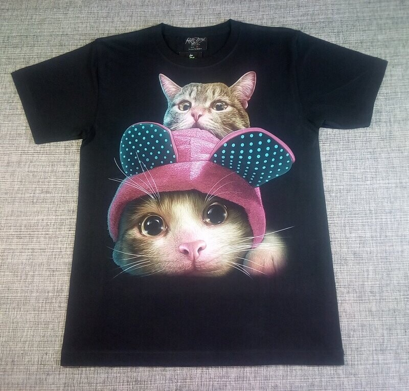 T-Shirt - M -  Portrait d'un Chaton & d'un Chaton avec une Casquette Rose/Bleu
