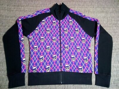 Pull-Over Zippé Entièrement - T 46/48 - Multiple Petits Crânes Blanc avec Nœud Papillon sur le Front et Couleur Violet/Rose sur Damier