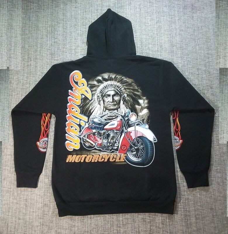 Pull Sweat - L - Moto Indian Rouge avec Logo "Indian" & "Motorcycle" avec Portrait d'un Chef Indien aux Plumes Gris/Noir