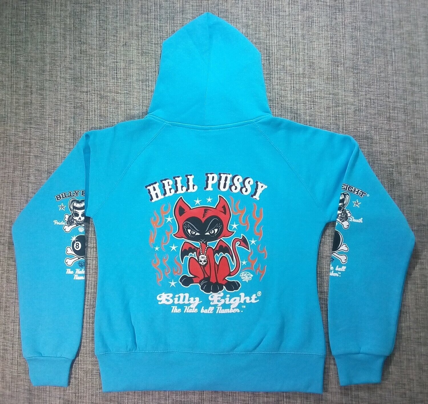 Un Sweat "Bleu" de Taille 46/48, Retrouvez La Magnifique Marque "Billy Eight" Représente sa "Diablesse  prêt à Vous bondir... ", et son "Hell Pussy".