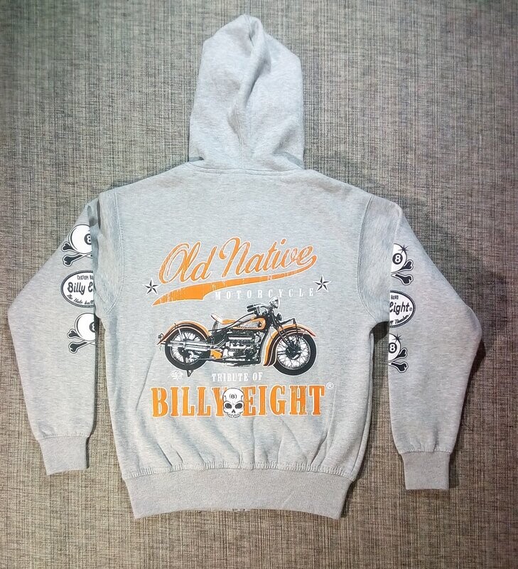 Un Sweat Un Sweat "Gris Clair" de Taille 44/46, Retrouvez La Magnifique Marque "Billy Eight" Représente sa "Moto Ancienne Tribut, en Orange/Gris et son Logo "Old Native".