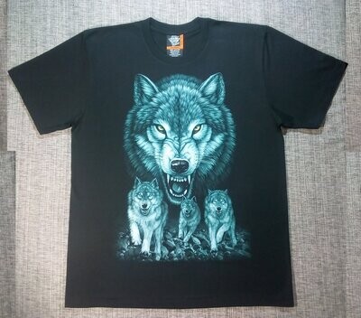 T-Shirt - XL - Portrait d'un Loup et de Trois Loups Courant sur Rochers, sous une Lune sur Fond Vert/Bleu