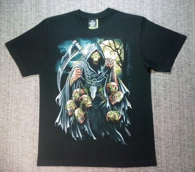 T-Shirt - S - Faucheuse Capuche Grise avec sa Fourche et sa Chaîne aux Sept Crânes aux Yeux Vert, Lune, Arbre sur Fond Noir/Bleu/Gris