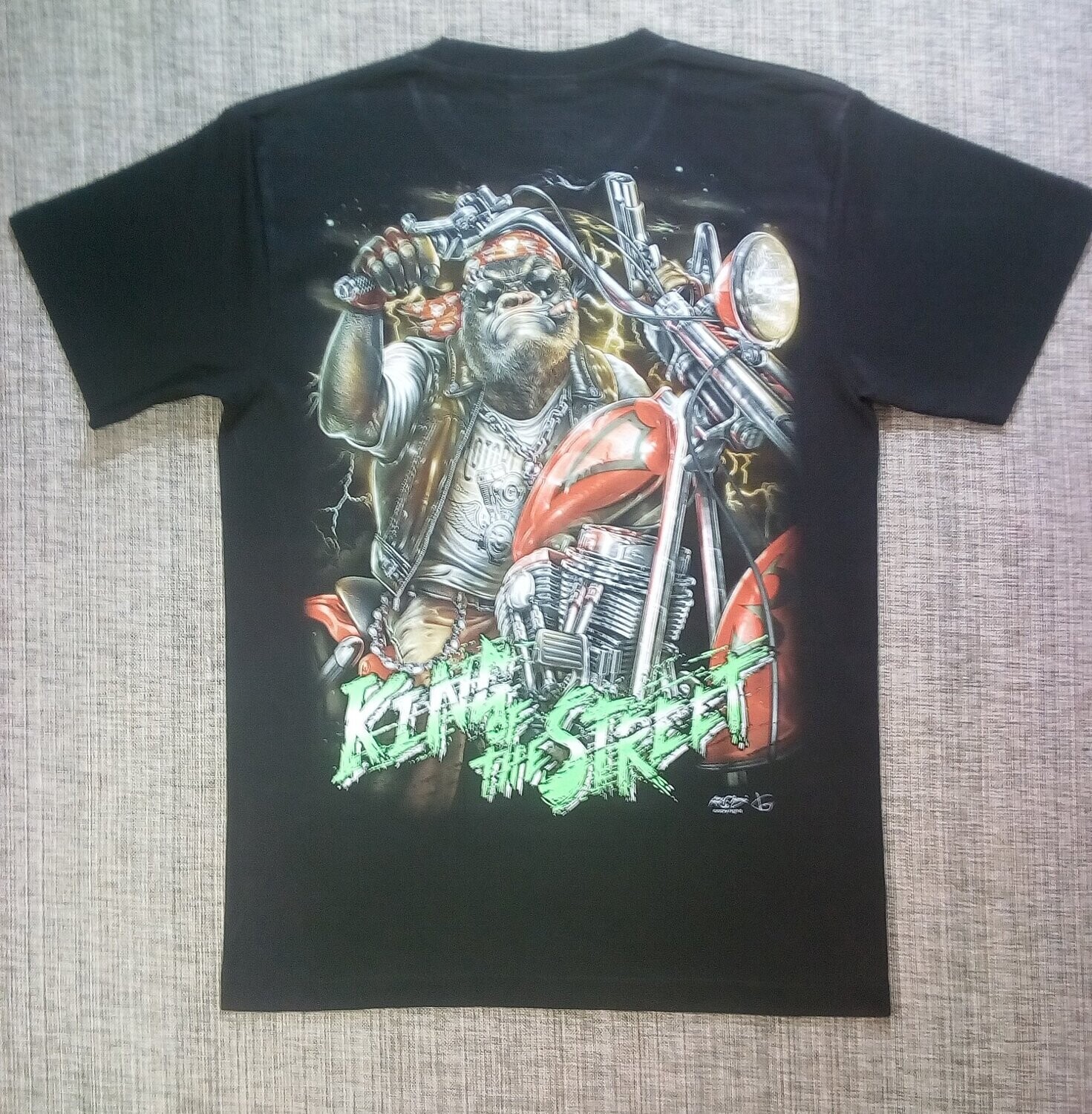 T-Shirt - M - Un Gorille Biker sur Moto Rouille/Orange et le Roi de la Route soit "King of the Street".