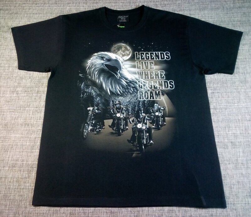 T-Shirt - XL - Groupe de Quatre Motards Bikers sur la Route "Legends Live Where Legends Roam" et  d'un Portrait d'Aigle avec  Lune