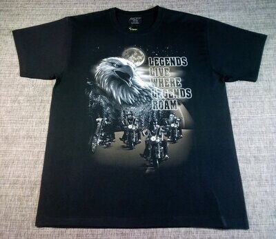T-Shirt - XL - Groupe de Quatre Motards Bikers sur la Route "Legends Live Where Legends Roam" et  d'un Portrait d'Aigle avec  Lune