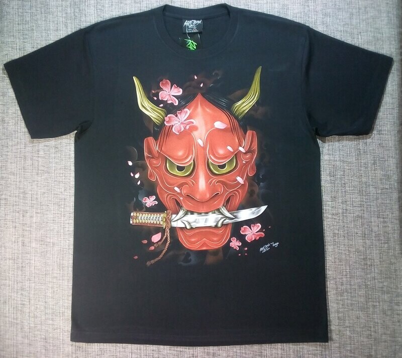 T-Shirt - XL - Portrait d'un Diable Rouge à Corne avec son Poignard dans la Bouche, et son Regarde moqueur, entouré de Fleurs.