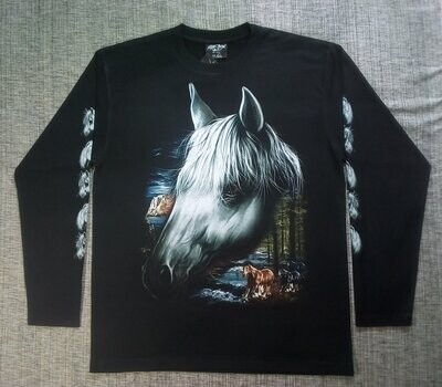 T-Shirt - L - Manche Longue - Portrait d'un Cheval Blanc, dans sa Forêt, Rivière, Montagne et ses Trois Chevaux, de Marron, Noir.