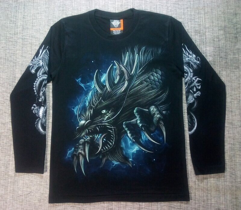 T-Shirt - M - Portrait d'un Dragon Griffes sur Fond Bleu/Nuit avec Symbol Yin & Yan