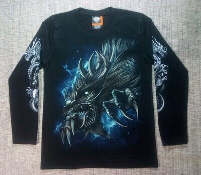 T-Shirt - M - Portrait d'un Dragon Griffes sur Fond Bleu/Nuit avec Symbol Yin & Yan