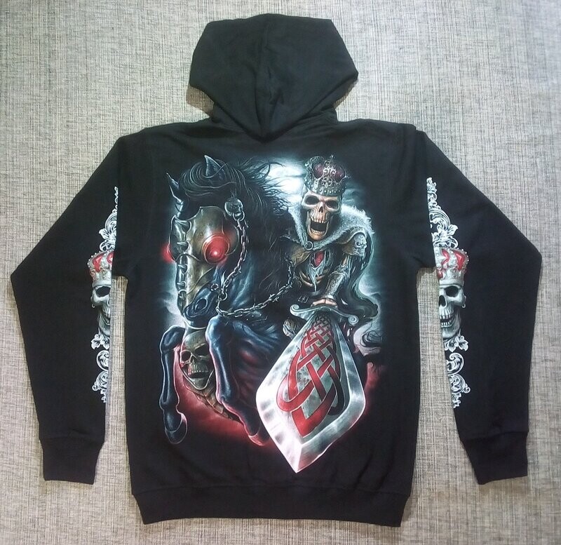 Un Sweat Un Sweat "Noir" de Taille 48/50, Représente "Un Chevalier sur sa Monture Noire Brandi son Épée pour Combattre ses Ennemis sur Fond Bleu/rouge/Noir".