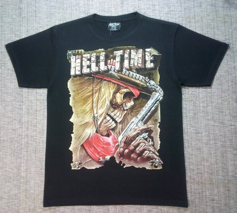 T-Shirt - L - Portrait d'un Cow Boy avec son Chapeau et son Foulard Rouge porte son Revolver à la Main pour vous Dire  "Hell Time".
