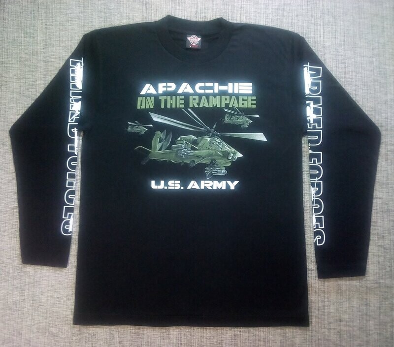 T-Shirt - L - Trois Hélicoptères de Type " Apache" US. Army" et "On The Rampage" sous une Couleur Militaire Vert