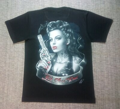 T-Shirt - M - Portrait Girl des Années 50 Tatoué au Cou "Rose Noire Love" avec son Revolver en Garde "You Are Dead"