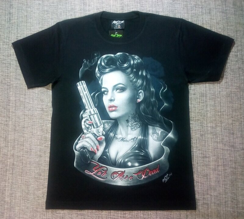 T-Shirt - L - Portrait d'une Girl des Années 50 Tatoué au Cou d'une "Rose Noire Love" avec son Revolver vous Garde sinon "You Are Dead".