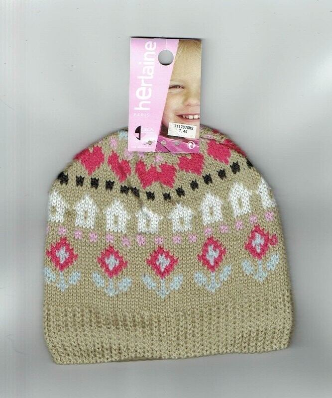 Bonnet Enfant Marron T46 - Fleurs, Maisons, Cœurs