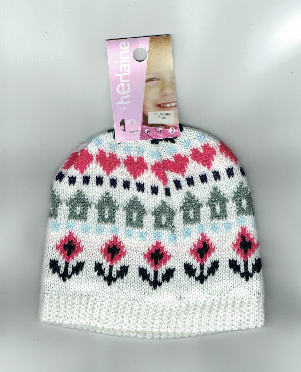 Bonnet Enfant Blanc T46 - Fleurs, Maisons, Cœurs