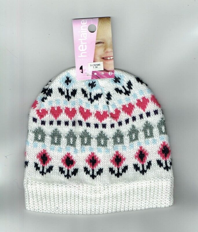 Bonnet Enfant Blanc T50 - Fleurs, Cœurs, Maisons