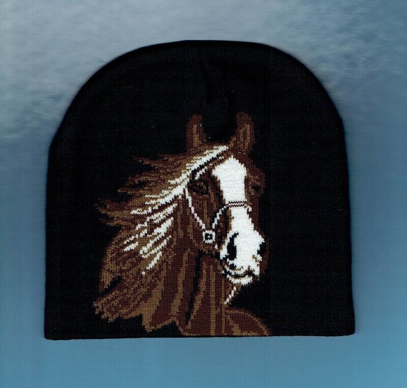 Bonnet Noir avec Portrait Cheval Marron/Blanc