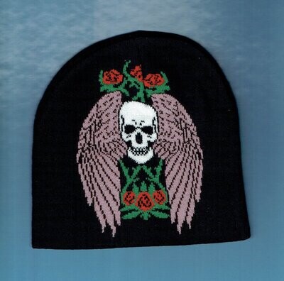 Un Bonnet de couleur Noir, avec un motif "Crâne Blanc et Paire d'Ailes Grise" et Branche de Rosier